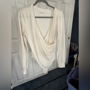Abercrombie & Fitch Ivory Wrap-Front Long-Sleeve Bodysuit